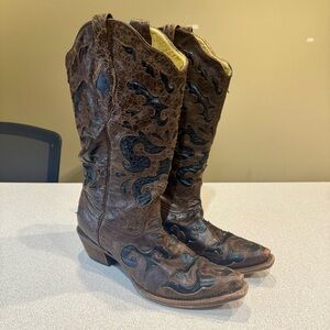 Corral Western Cowgirl Boots Brown & Black Inlays Size 10 M Snip Toe C1957